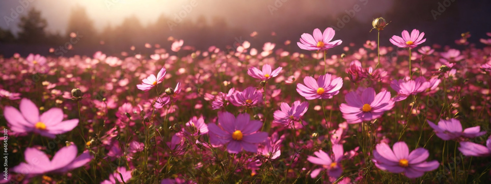 Poster beautiful cosmos flower field