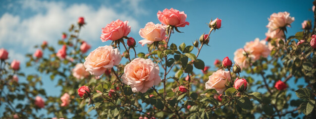 Beautiful spring border, blooming rose bush on a blue background. - obrazy, fototapety, plakaty