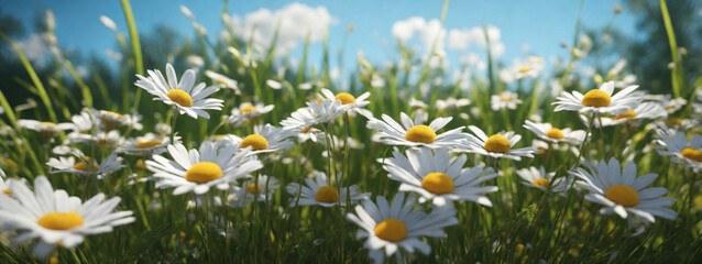 Wild daisies in the grass with a blue sky