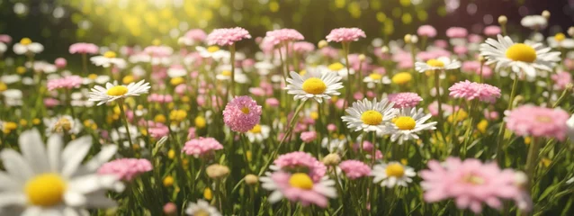 Tuinposter Meadow with lots of white and pink spring daisy flowers and yellow dandelions in sunny day © @uniturehd