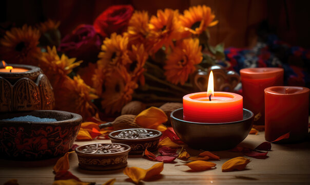 Table decorated with candles, fruits, flowers and spices to celebrate the Day of the Dead.