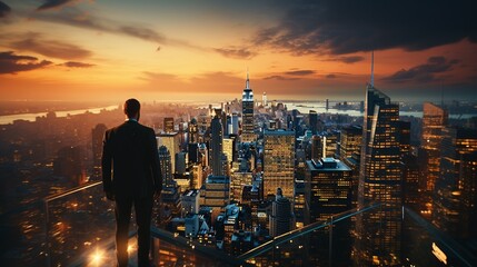 Fototapeta na wymiar City businessman standing on skyscraper back lit silhouette.
