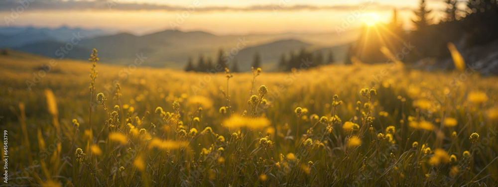 Canvas Prints Beautiful sunrise in the mountain, Meadow landscape refreshment with sunray and golden bokeh.