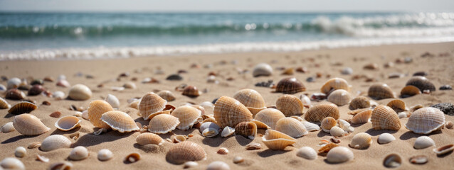 Fototapeta na wymiar seashells on seashore - beach holiday background