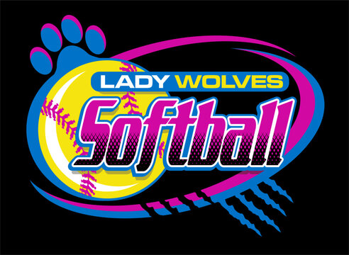 lady wolves softball team design with ball and paw print for school, college or league sports