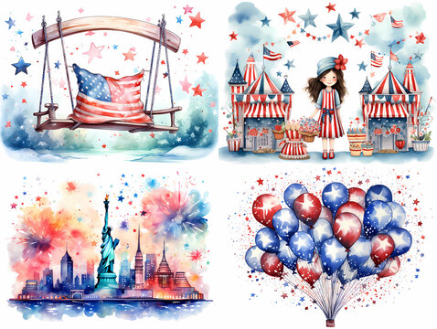 Independence Day red, white and blue clipart set on a white background.  Watercolor design, 