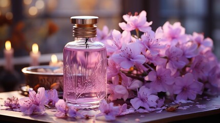 Fresh scent of purple flower in glass bottle.