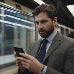 Obraz na płótnie Canvas Serious Businessman Using Smartphone in Subway