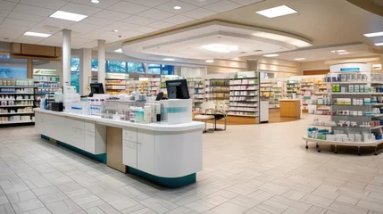 Crédence de cuisine en verre imprimé Pharmacie modern pharmacy's interior. photo showcases the clean and well-organized space where essential healthcare products and services are accessible to the community.