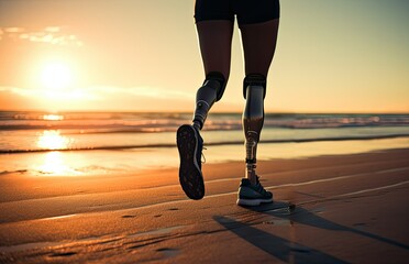 Disabled female athlete with prosthetic legs running outdoors on the beach at sunset