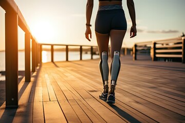 disabled sportswoman with a prosthetic leg walks outdoors on a plank floor along the sea promenade at sunset