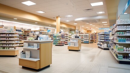 modern pharmacy's interior. photo showcases the clean and well-organized space where essential healthcare products and services are accessible to the community.