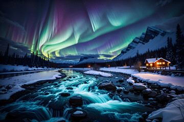 Northern lights with magical river