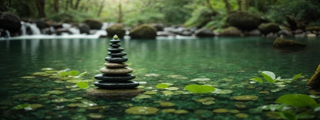 Zelfklevend Fotobehang Zen stones pyramid on water surface, greenery © @uniturehd