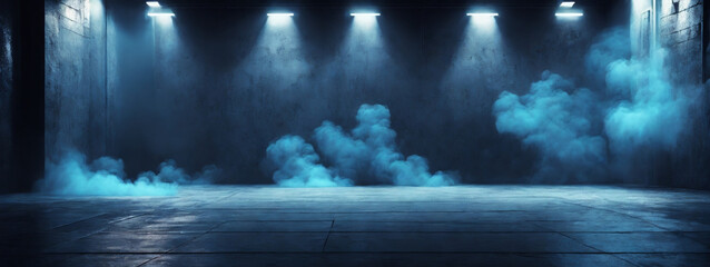 Abstract Dark Blue Background with Neon Lights and Smoke, Creating a Studio-Style Atmosphere for Product Displays on a Concrete Floor.