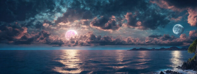 romantic and scenic panorama with full moon on sea to night