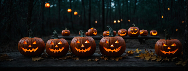 Halloween Pumpkins On Wood In A Spooky Forest At Night