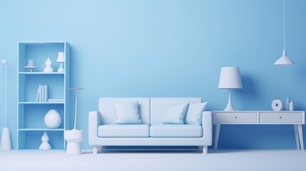Stylish minimalist monochrome interior of modern cozy living room in white and pastel blue tones. Trendy couch, rack, commode, table lamp. Creative home design. Mockup, 3D rendering.
