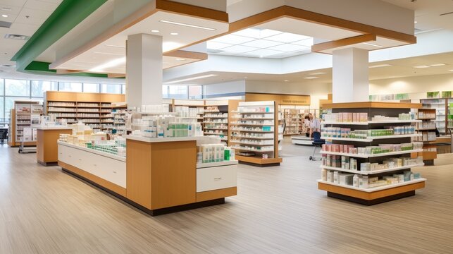modern pharmacy's interior. photo showcases the clean and well-organized space where essential healthcare products and services are accessible to the community.