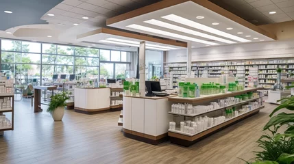 Cercles muraux Pharmacie modern pharmacy's interior. photo showcases the clean and well-organized space where essential healthcare products and services are accessible to the community.