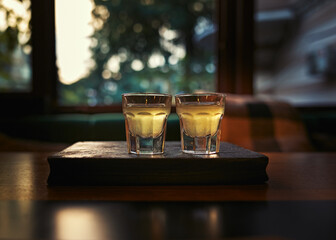 Two glasses of limoncello on a wooden stand against the backdrop of a blued window