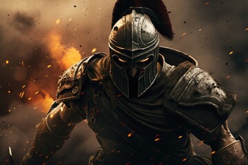 Fototapeta premium Enter the Realm of the Fearless Spartan, Draped in Imposing Full-Body Armor, Lost in an Epic Battle Amidst a Swirling Veil of Smoke and Mystery