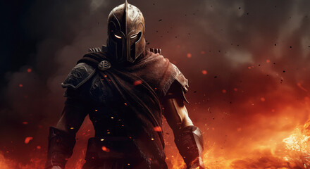 Fototapeta premium Majestic Gladiator: A Legendary Roman Gladiator in Glimmering Armor, Ready for Battle in the Colosseum.