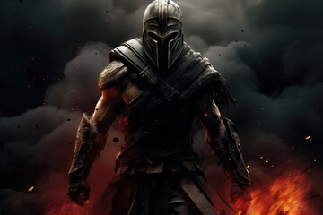 Fototapeta premium Enter the Realm of the Fearless Spartan, Draped in Imposing Full-Body Armor, Lost in an Epic Battle Amidst a Swirling Veil of Smoke and Mystery