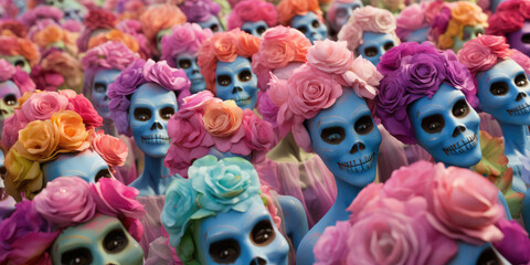 Girlfriends with Mexican skull makeup on their faces dressed for Day of the Dead in Mexico.