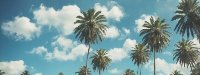 Fototapeta premium Blue sky and palm trees view from below, vintage style, tropical beach and summer background, travel concept