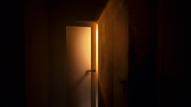 human hand opens door with sun black silhouette room full of smoke dark house 4k