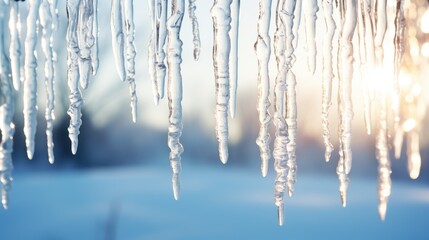 breathtaking image of beautiful, shiny transparent icicles delicately hanging on a clear day. - obrazy, fototapety, plakaty