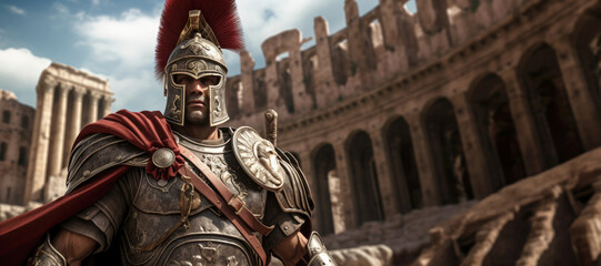 Majestic Gladiator: A Legendary Roman Gladiator in Glimmering Armor, Ready for Battle in the Colosseum.

 - obrazy, fototapety, plakaty