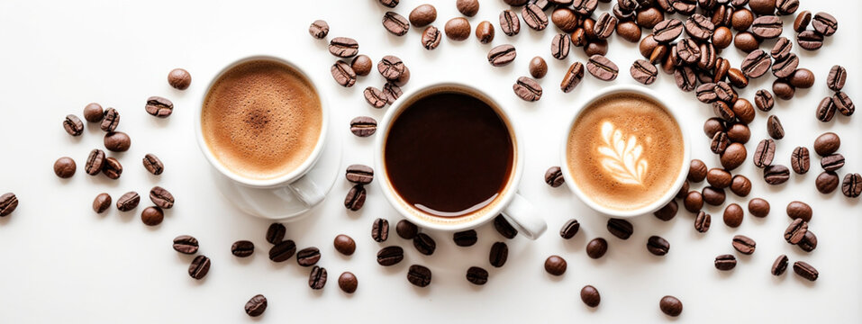 hot espresso and coffee bean on white table with soft-focus and over light in the background. top view © @uniturehd