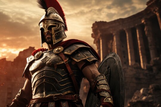 Majestic Gladiator: A Legendary Roman Gladiator in Glimmering Armor, Ready for Battle in the Colosseum.

