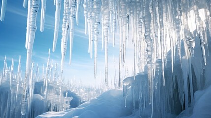 breathtaking image of beautiful, shiny transparent icicles delicately hanging on a clear day.