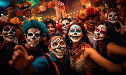 Fototapeta na wymiar Group of friends with Mexican skulls makeup on their faces dressed for Day of the Dead in Mexico.