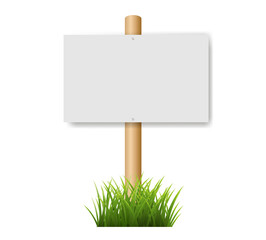 Wooden Sign And Grass Isolated White Background