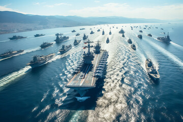 Modern military naval warships in open sea. Military naval exercises