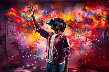 Fototapeta premium Young man wearing virtual reality glasses in room with splashes of paint. Augmented reality