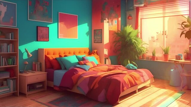 animated virtual backgrounds, stream overlay loop wallpaper, cozy calming living room with window, vtuber asset twitch zoom OBS screen, anime chill hip hop