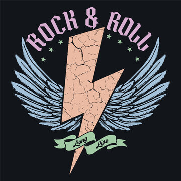 Rock and roll Thunder with Wings vintage t shirt design. Thunder with eagle wing vector artwork for apparel, stickers, posters, background and others.