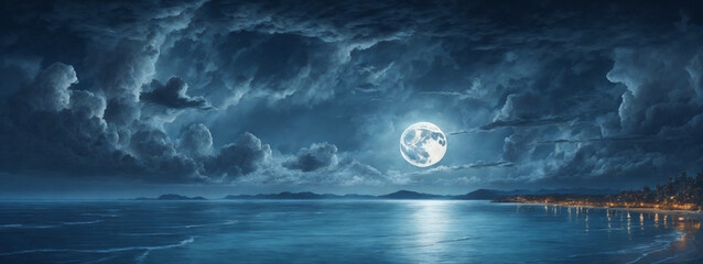 romantic and scenic panorama with full moon on sea to night