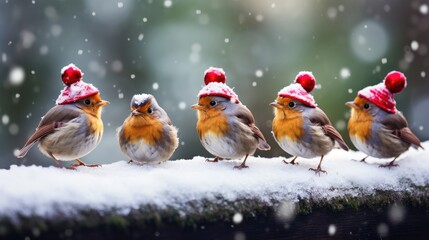 funny Christmas birds wearing adorable little red hats, coming together in the midst of a snowfall. - Powered by Adobe