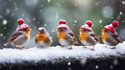 Fototapeten funny Christmas birds wearing adorable little red hats, coming together in the midst of a snowfall. © pvl0707
