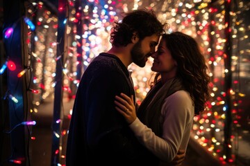Obraz na płótnie Canvas A Christmas Kiss: Enveloped in Festive Lights, a Couple Shares Their Romantic Holiday Love 