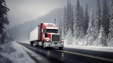 Poster A large truck transports cargo during a winter storm. Thissymbolizes the strength and determination of the transportation industry in challenging weather conditions © pvl0707