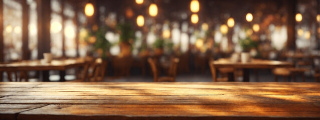 Vintage Coffee Shop Ambiance: Empty Old Wood Tabletop with Blurred Bokeh Cafe Interior Background, Perfect for Displaying and Montaging Your Products.