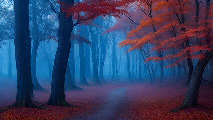 Misty Morning Tranquility in Woodland. Tranquil autumn woodland with misty fog, vibrant foliage.