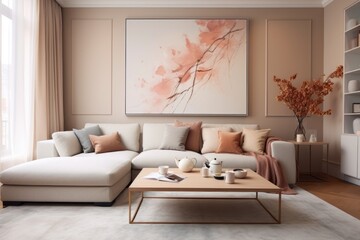 Modern minimalistic interior of the living room, painting on the wall
